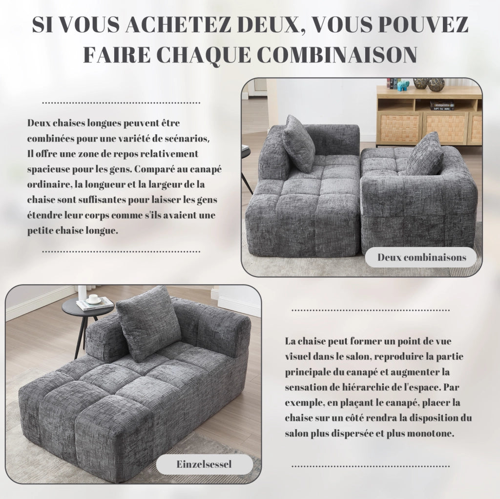 Divano Chaise Longue Grigio con Tessuto Morbido, Cuscino Incluso e Tasche Laterali per Telecomando e Smartphone