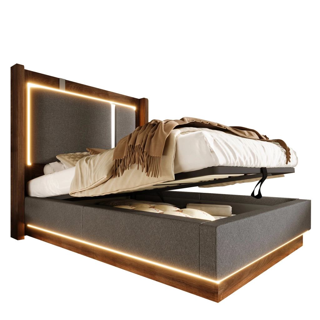 Letto contenitore singolo 90 × 200 cm con LED regolabile e sollevamento idraulico; senza materasso; grigio noce