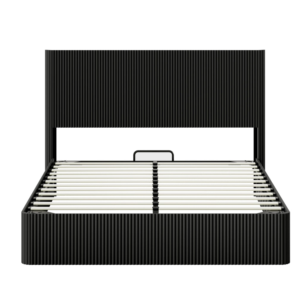 Letto con contenitore e sistema idraulico 160x200 cm, struttura in acciaio e doghe in legno massello, finitura nera lucida