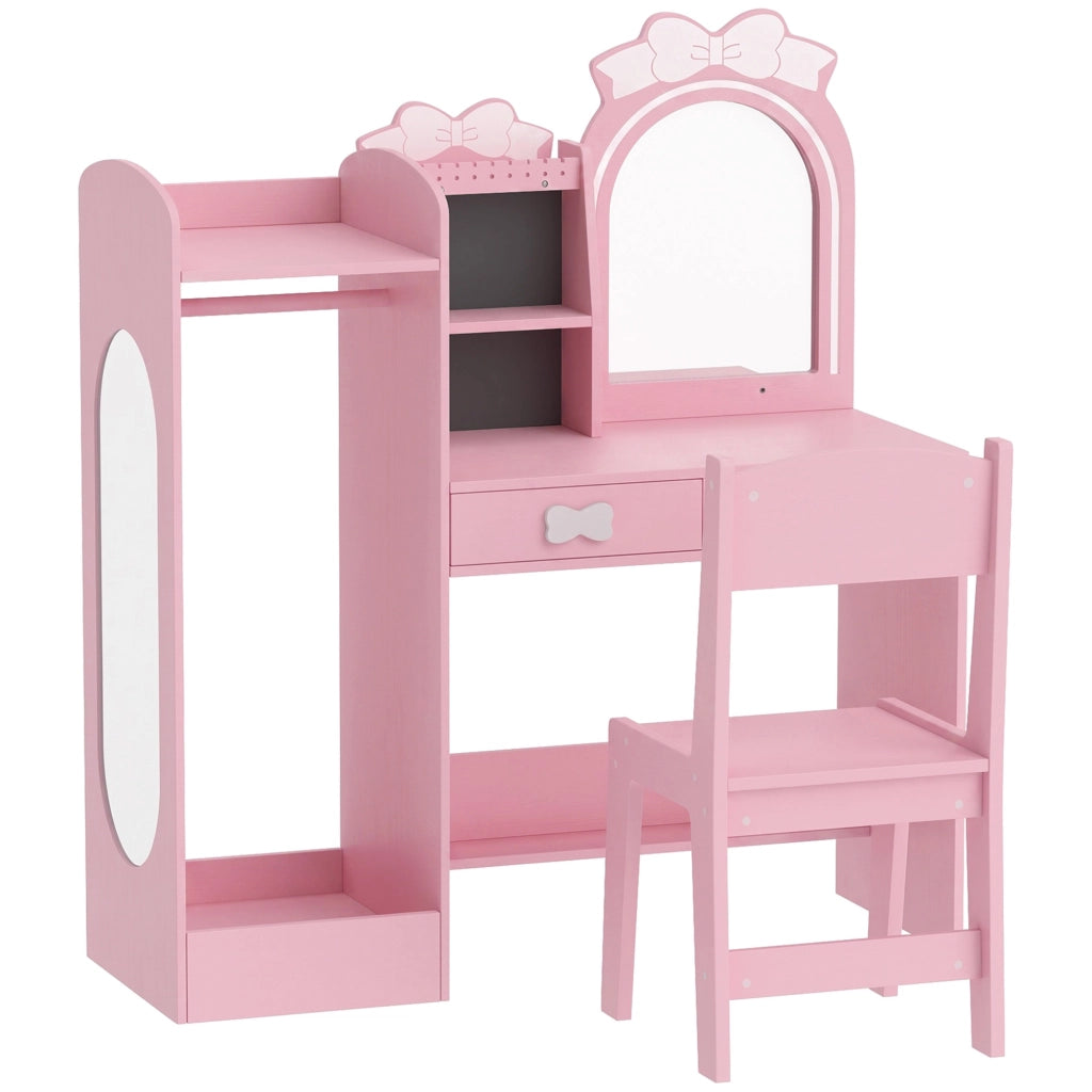 Coiffeuse Enfants avec Tabouret et Miroir Penderie Tiroirs Rose