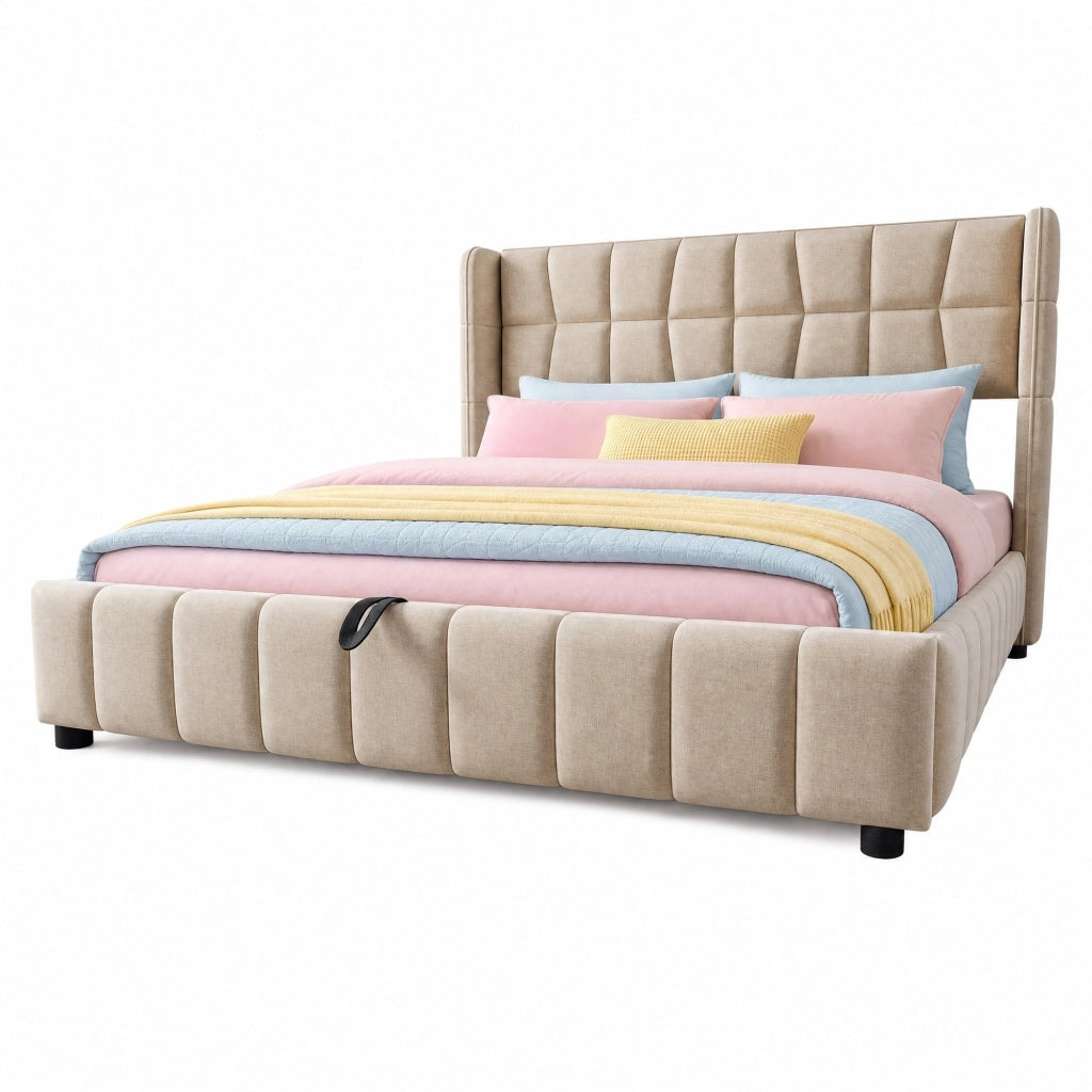 Letto imbottito contenitore beige 180 x 200 cm con sollevamento