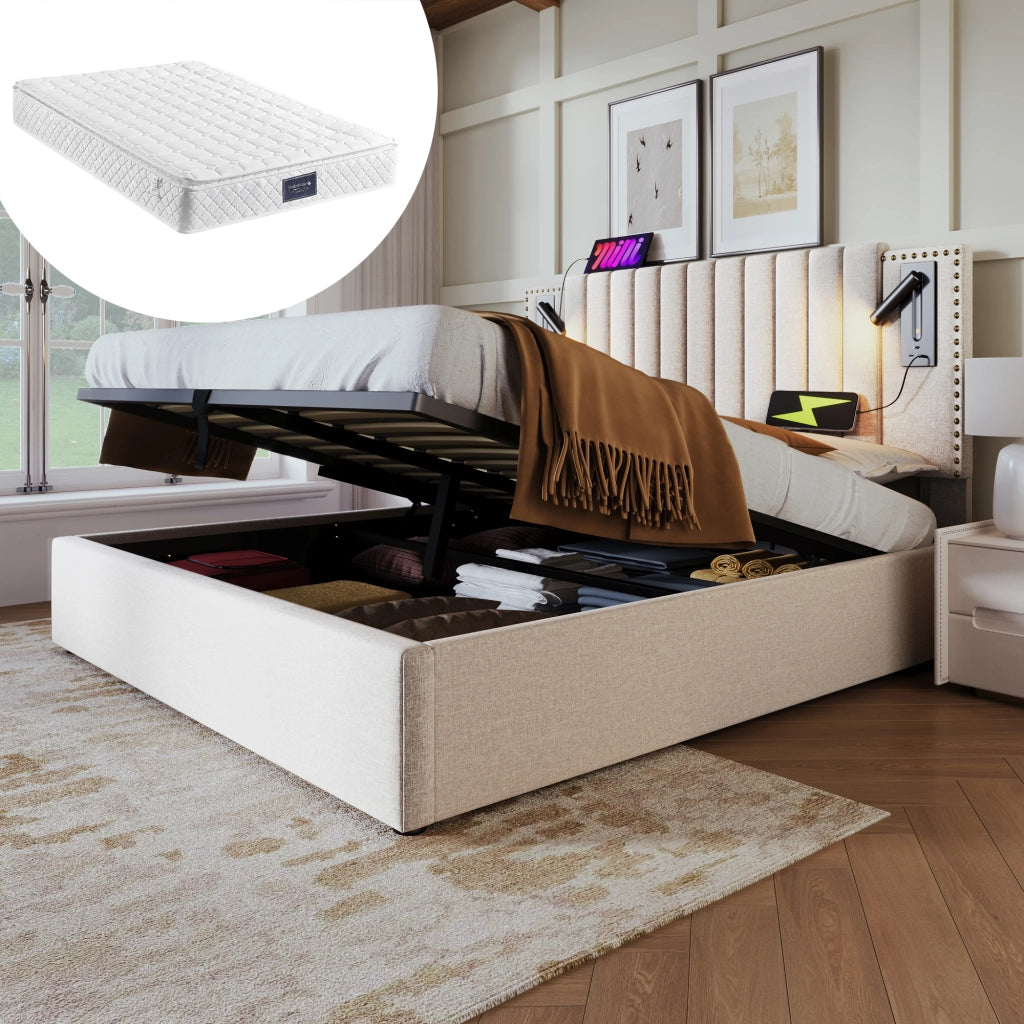 Letto contenitore imbottito beige 160x200 cm con luce da lettura