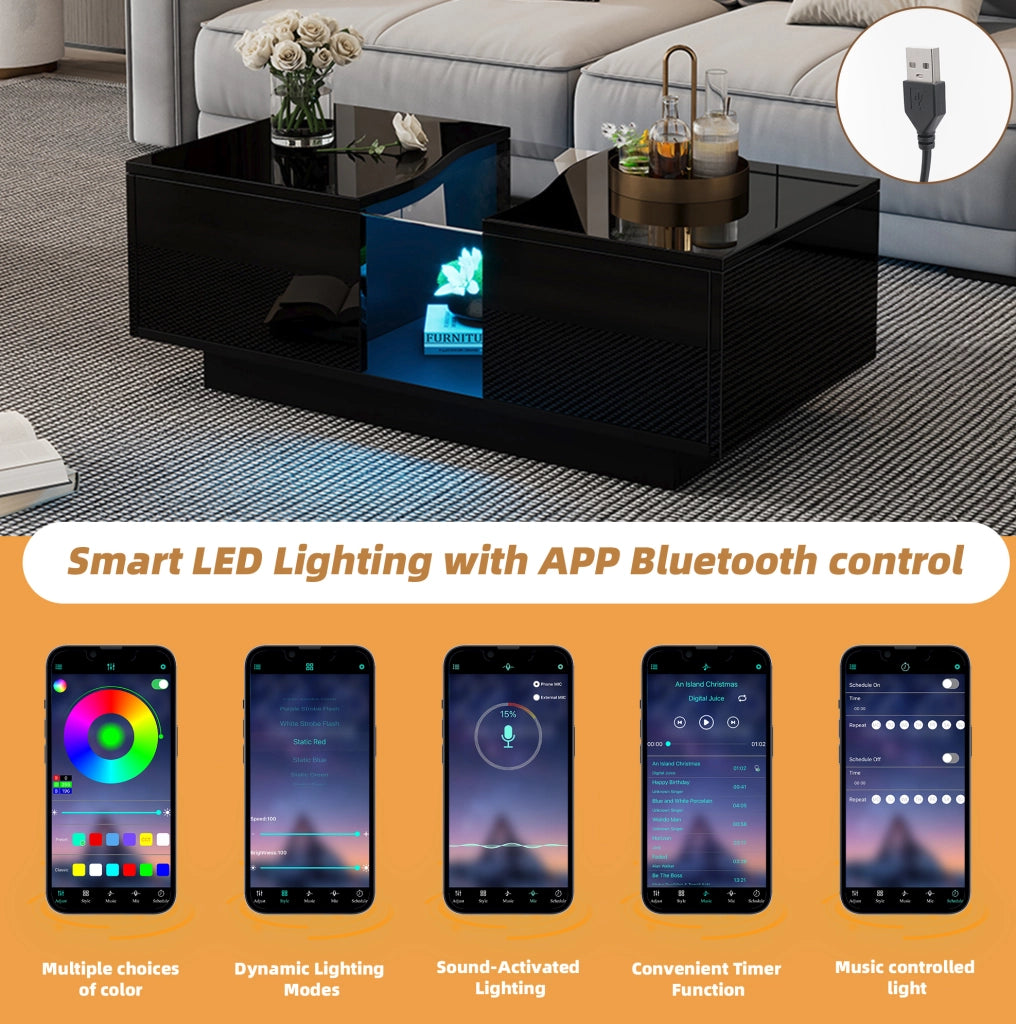Tavolino da caffè LED 100x50x35 cm con 2 cassetti in MDF e acrilico; nero lucido