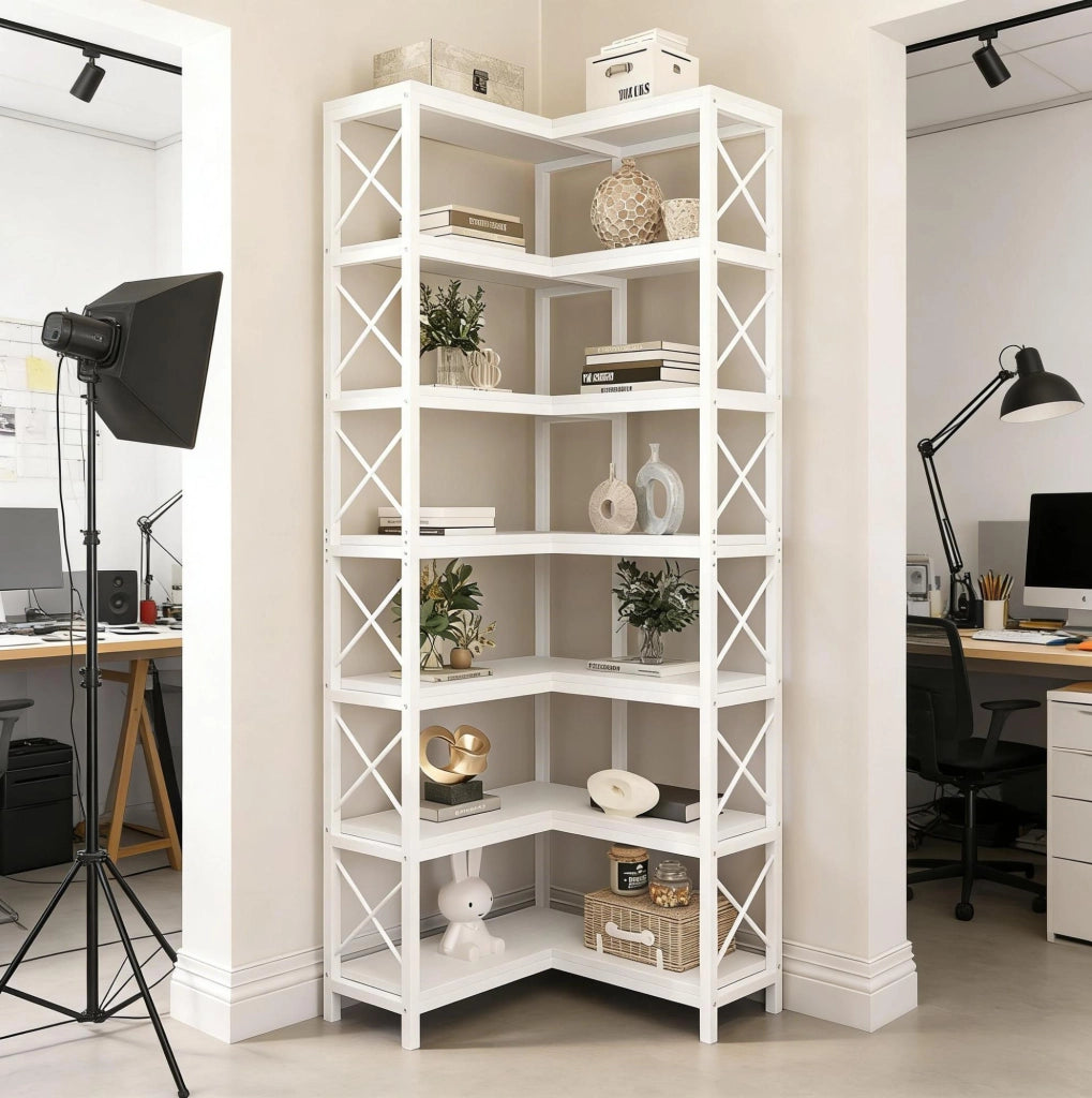 Scaffale angolare industriale a 7 livelli in metallo e legno