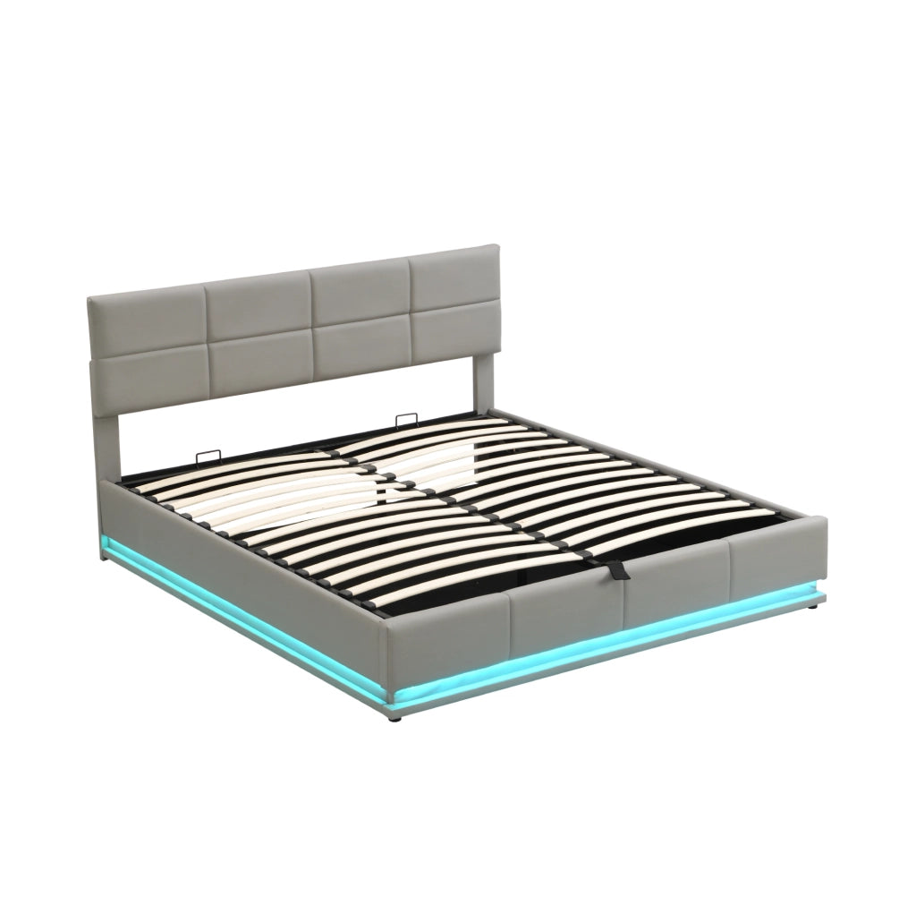 Letto 180x200 cm con contenitore idraulico, LED e rivestimento in similpelle grigio cemento