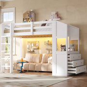 Letto a soppalco 90x200 cm con 6 cassetti e scaffali, illuminazione LED, bianco