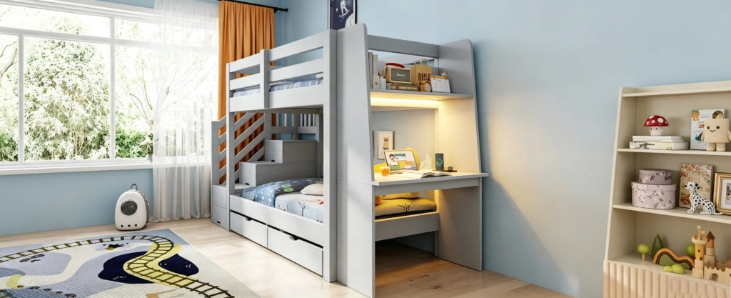 Letto a castello multifunzionale in legno 90x200 cm con scrivania integrata, scala contenitore, LED e prese, colore grigio