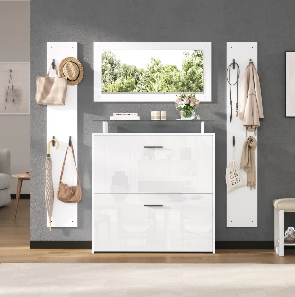 Set guardaroba da ingresso in bianco con specchio e scarpiera