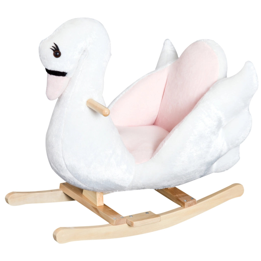 Animale a Dondolo per Bambini a Forma di Cigno 55 cm Peluche e Legno con Cintura di Sicurezza e Musica per Casa