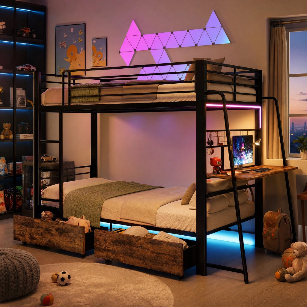 Letto a soppalco 140 × 200 cm con scrivania prese USB Type-C LED RGB e cassetti in metallo e MDF nero