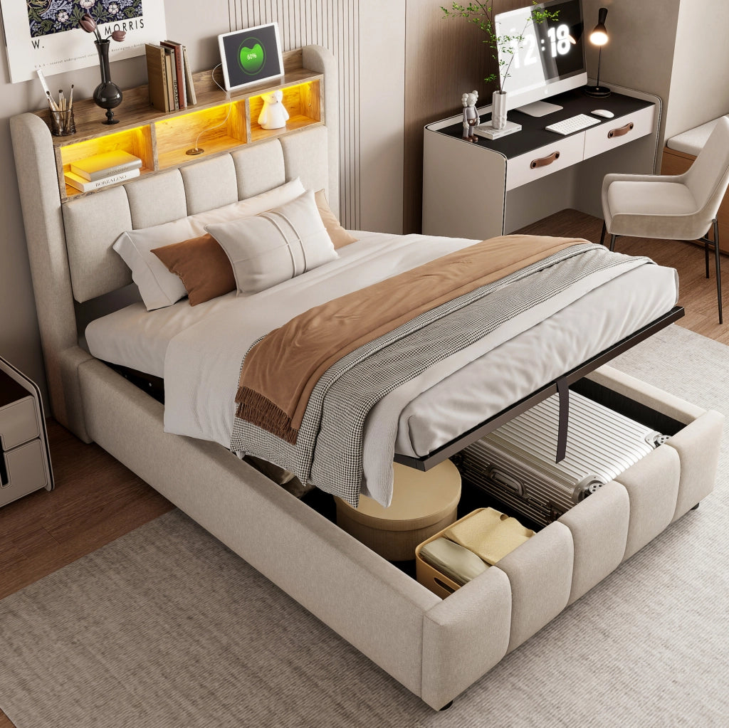 Letto imbottito 90x200 cm con LED, USB-C e vano contenitore