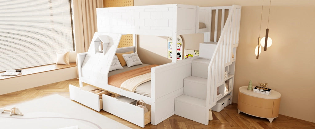 Letto a castello con scala di sicurezza cassetti e finestra legno bianco 90x200 140x200 cm