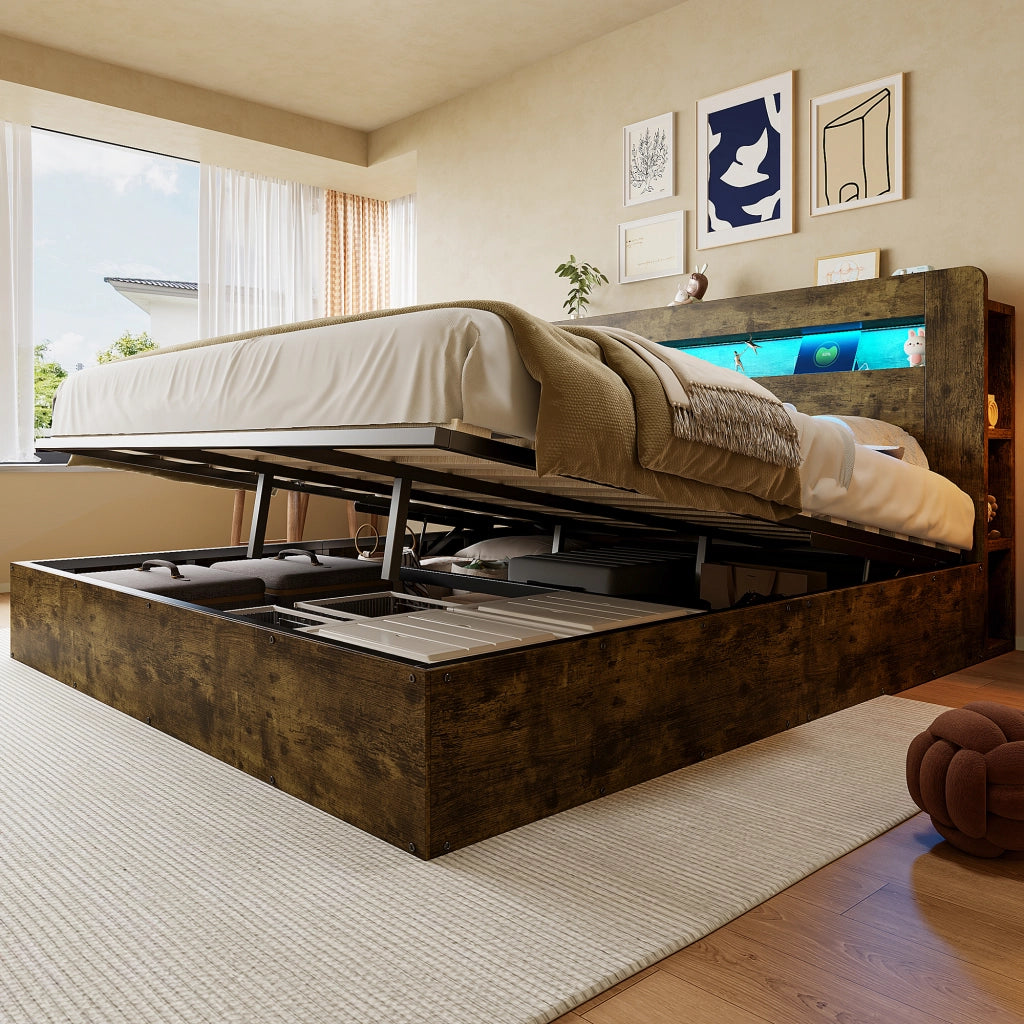 DESMIU Letto contenitore 180 × 200 cm 2 posti con LED, prese e vani portaoggetti, senza materasso, in legno, vintage