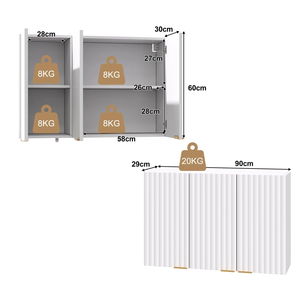 Armadio pensile da cucina a 3 ante, mobile sospeso per ripostiglio soggiorno, bagno e lavanderia, 90 x 29 x 60 cm
