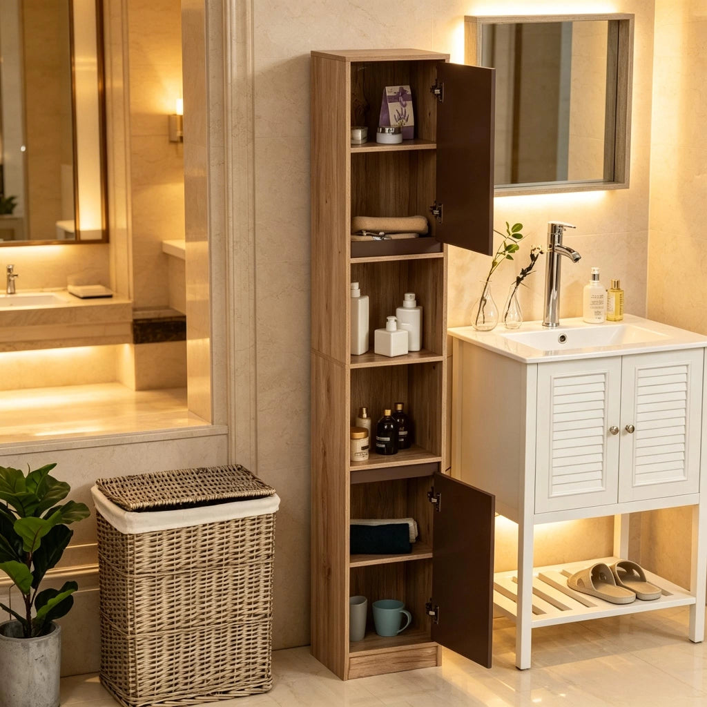 Colonna da bagno con 2 armadietti; 2 vani aperti e ripiani regolabili in MDF grigio effetto rovere 30 × 24 × 170 cm