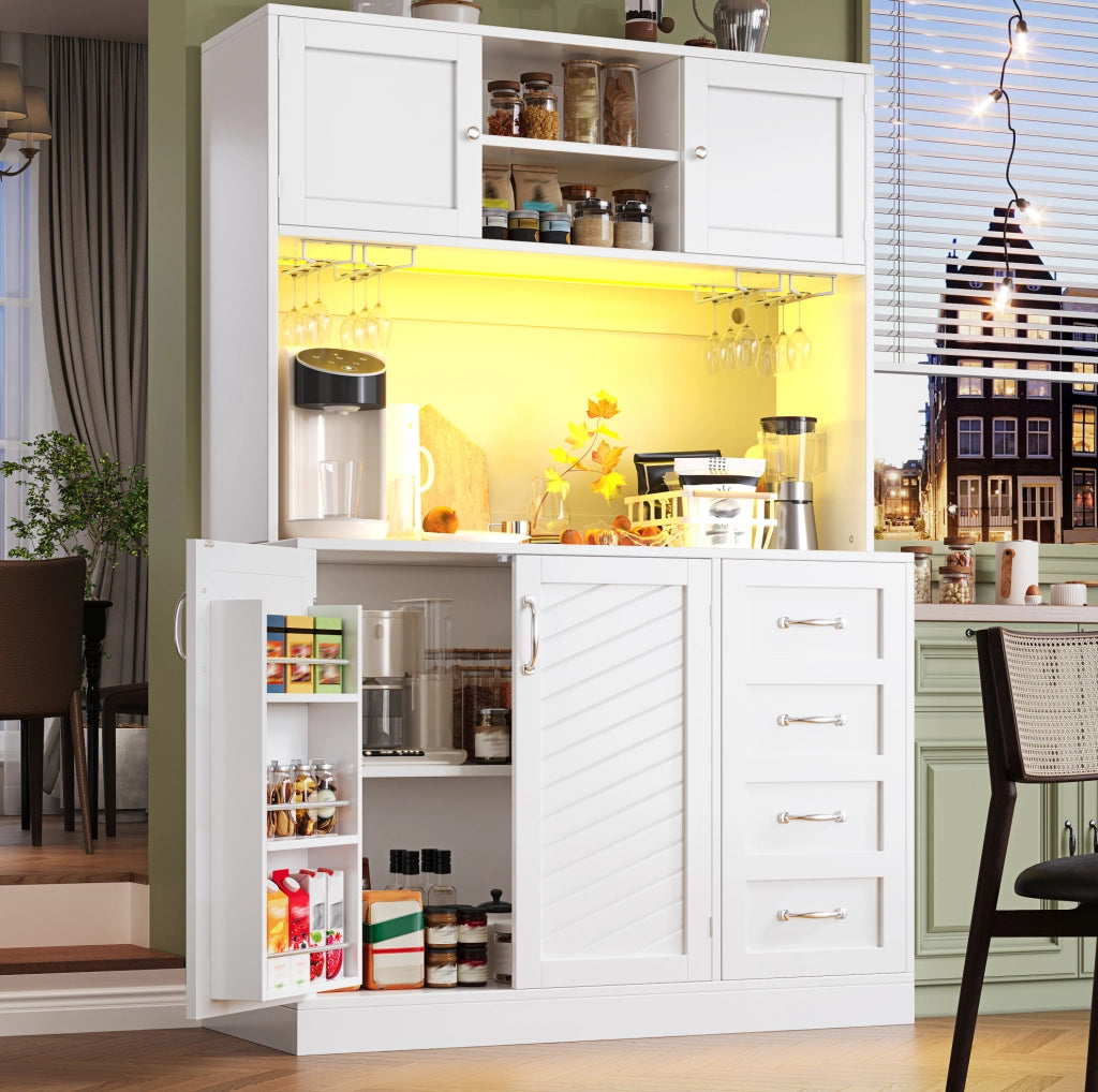 Credenza alta 120x40x188 cm in MDF con LED, 4 ante, 2 cassetti e vani porta bottiglie per cucina