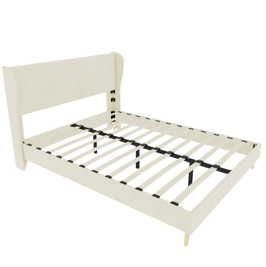 Letto imbottito moderno 160x200 cm con testiera beige e base bassa senza contenitore