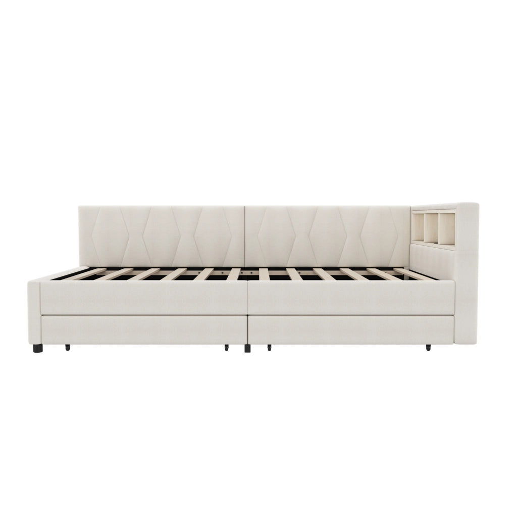 Letto singolo 90x200 con LED RGB， USB+Tipo C， 2 cassetti， vani al testale e rete a doghe， beige， in tessuto e MDF， per camera moderna e salvaspazio， senza materasso