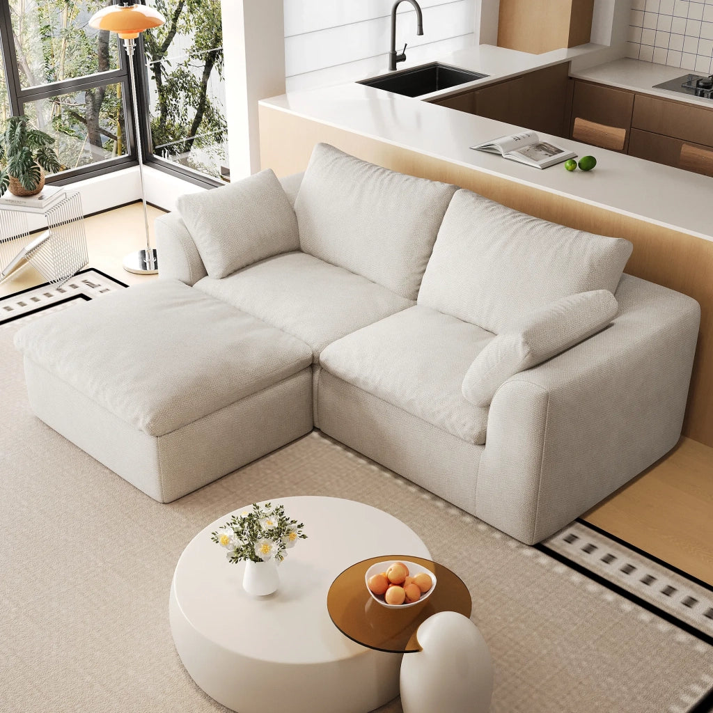 Divano a L 3 posti 180 cm, schiuma compressa sottovuoto, beige e bianco, per soggiorno