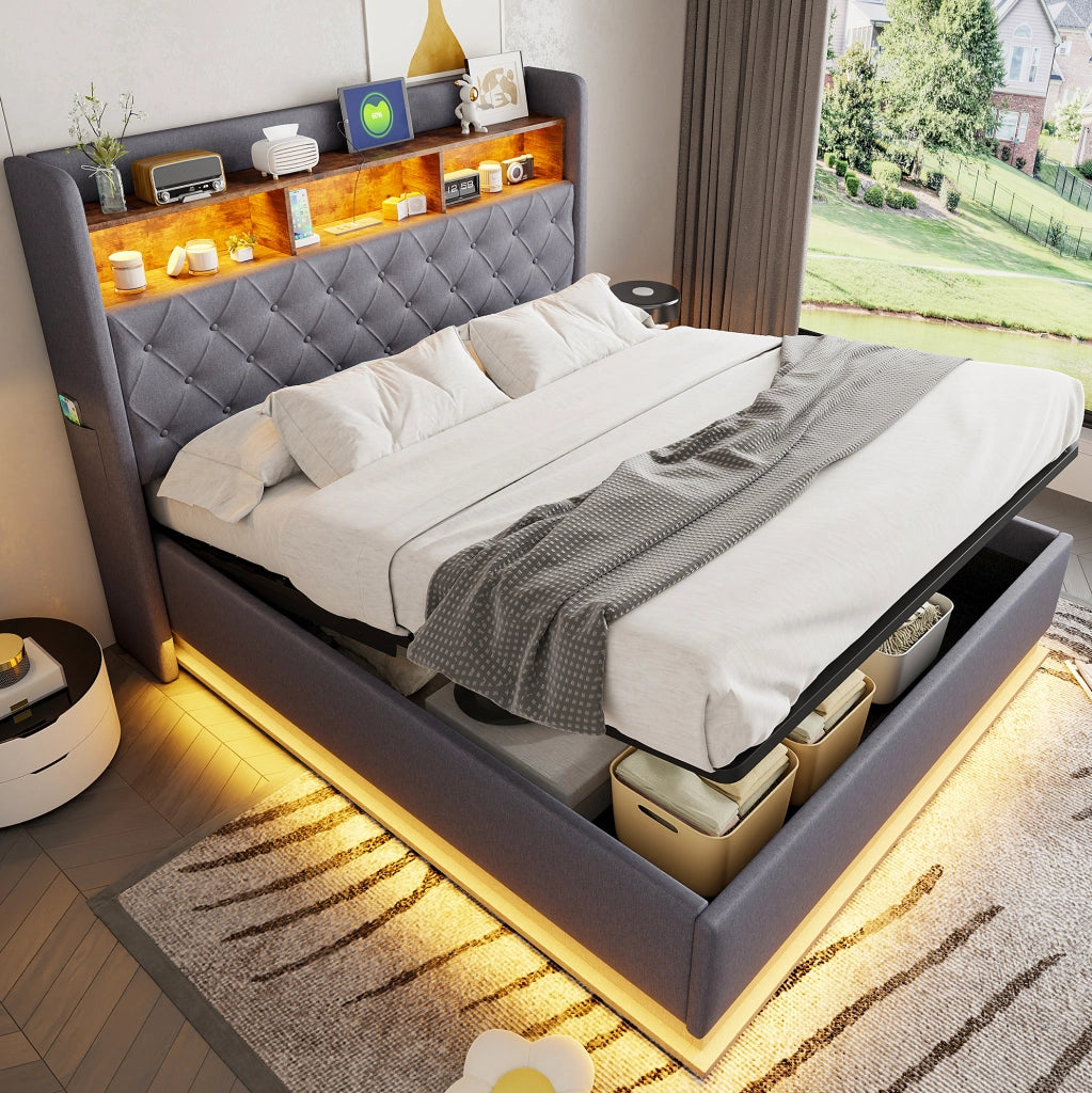 Letto imbottito LED con contenitore idraulico e porta USB 160x200 cm; grigio