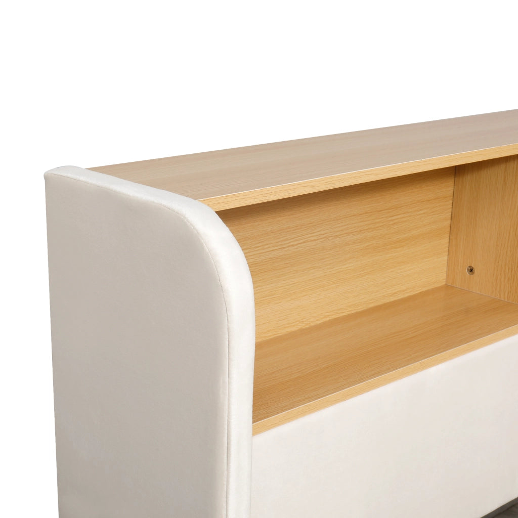 Letto imbottito con contenitore idraulico in velluto beige con LED porte USB e Type-C rete a doghe inclusa