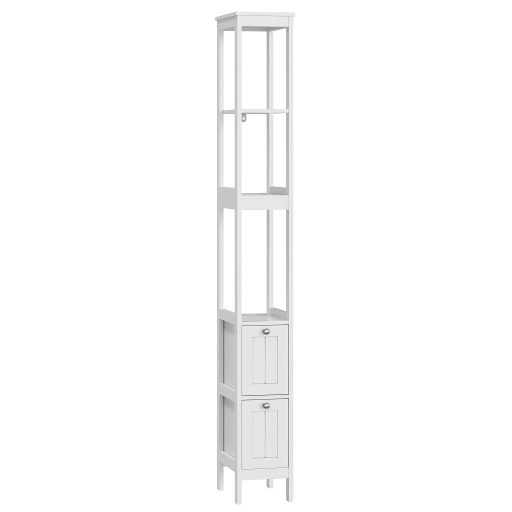 Colonna da bagno con 2 cassetti e 3 ripiani aperti in MDF bianca per spazi ridotti 20 × 30 × 160 cm