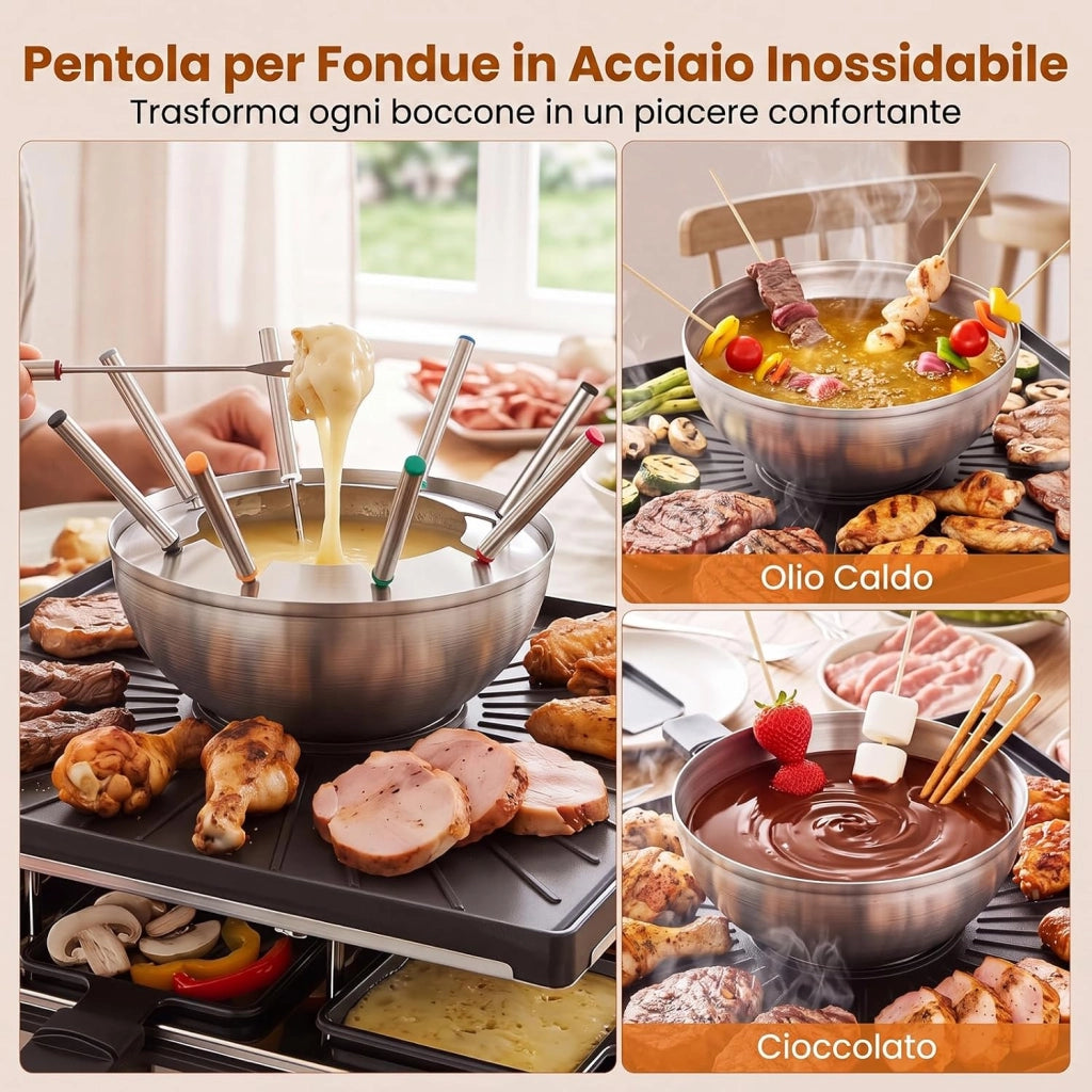 2200W 3 in 1 Set Griglia per Raclette e Fonduta, per 8 Persone
Fonduta con Piastra Antiaderente, 8 Padelline, 8 Spatole e 8 Forchette, Griglia Elettrico da Tavolo con Doppio Termostato