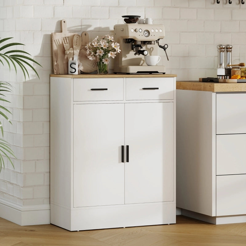 Credenza e madia con 2 cassetti e ripiano regolabile, per cucina e soggiorno, legno bianco, 68,6 × 35 × 90,3 cm