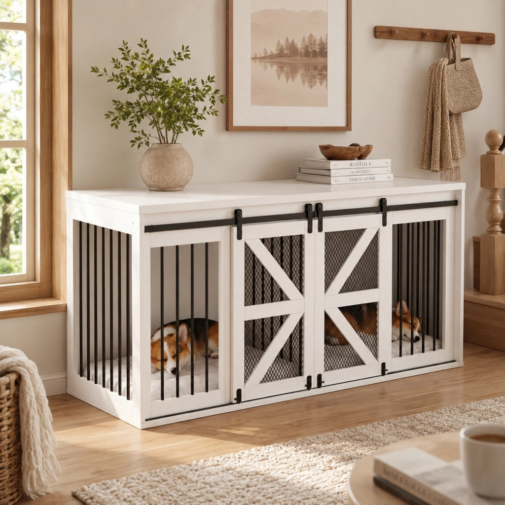 Gabbia per cani - Gabbia a mobile - Cuccia di lusso per cani - Cuccia da interno e tavolino - Con porta scorrevole e serratura di sicurezza - Divisorio centrale rimovibile - Traspirante - Mobiletto - Robusto e durevole - 160x60x75 cm - Bianco