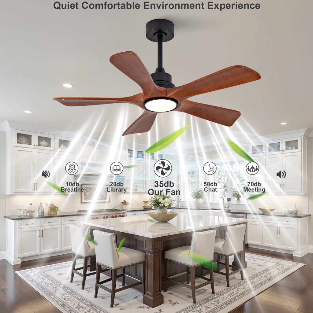Ventilatore da soffitto 42" con 5 pale in legno di Paulownia, illuminazione LED dimmerabile e telecomando, 6 velocità, funzione inversione, per soggiorno e patio