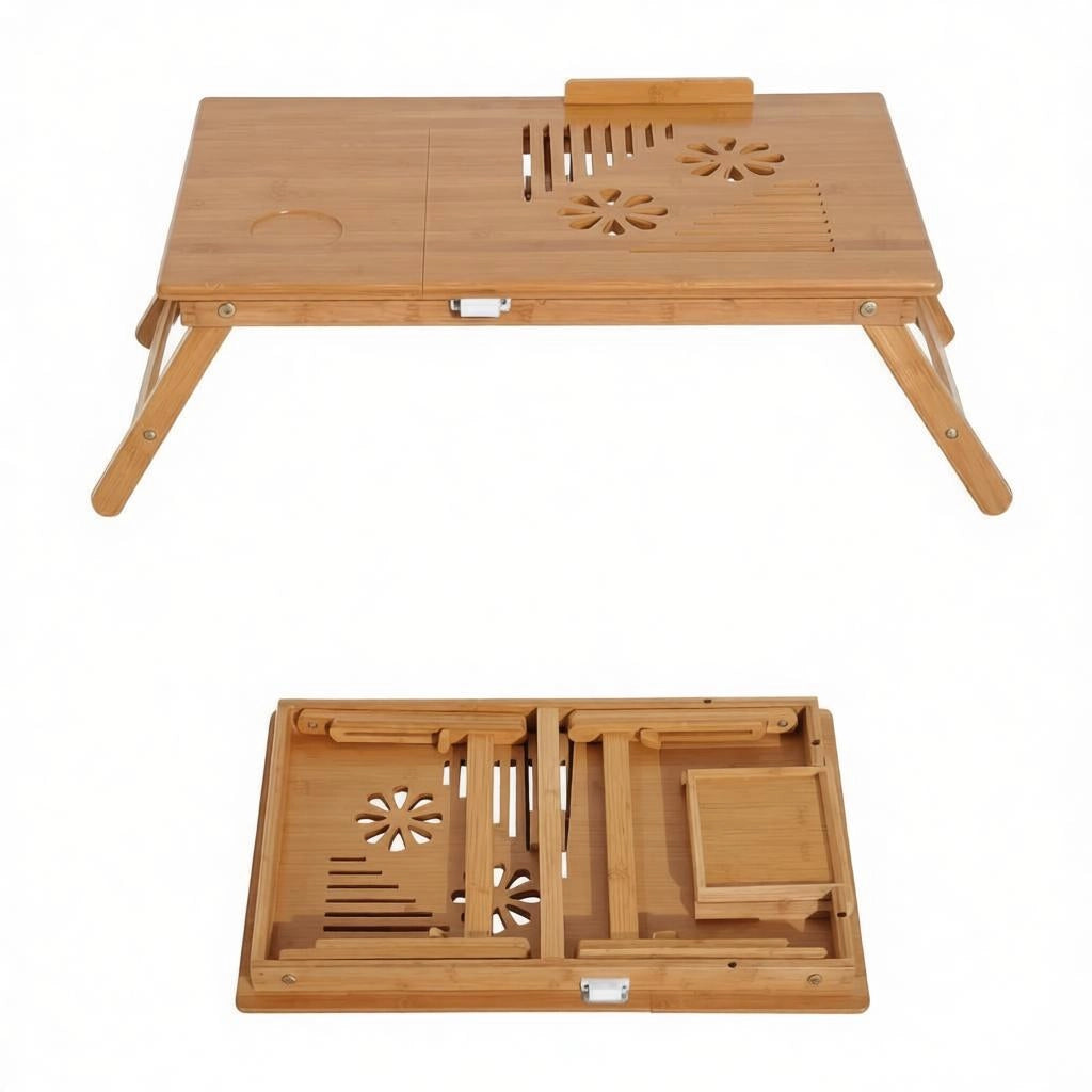 Tavolo pieghevole in bambù regolabile e inclinabile con piano ventilato e cassetto naturale 55 × 35 × 22-32.5 cm