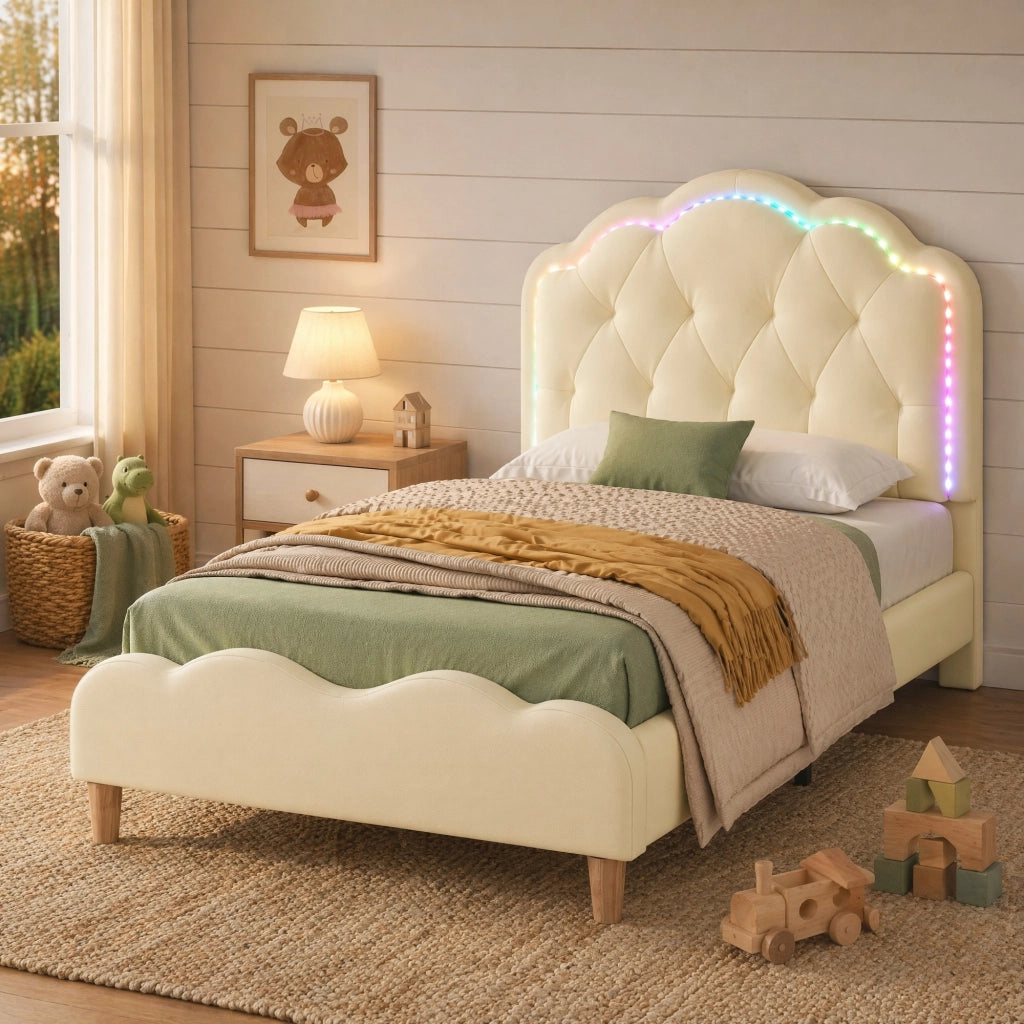 Letto singolo 90 × 200 cm con testiera ondulata imbottita; LED multicolore e rete a doghe in PU beige