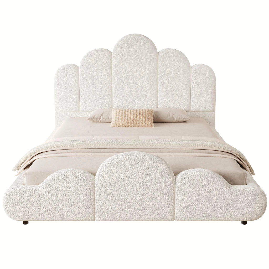 Letto imbottito per bambini in boucl¨¦ 140 x 200 cm, letto matrimoniale con testiera trapuntata, angoli arrotondati e rete a doghe, beige