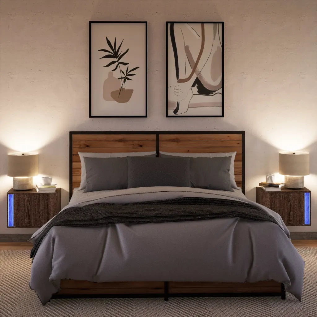 Set di 2 Comodini | Armadio da Notte | Mobiletto da notte a Parete con luci LED Rovere Marrone