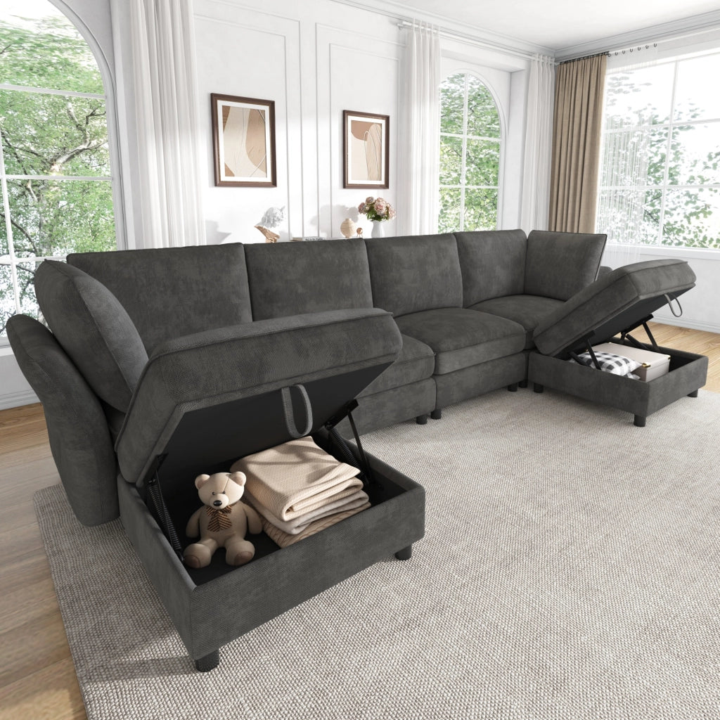 Divano modulare U 6 posti - con pouf contenitore e braccioli ergonomici - in chenille grigio