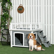 Cuccia rialzata per cani in legno massello di abete con terrazza; grigio chiaro