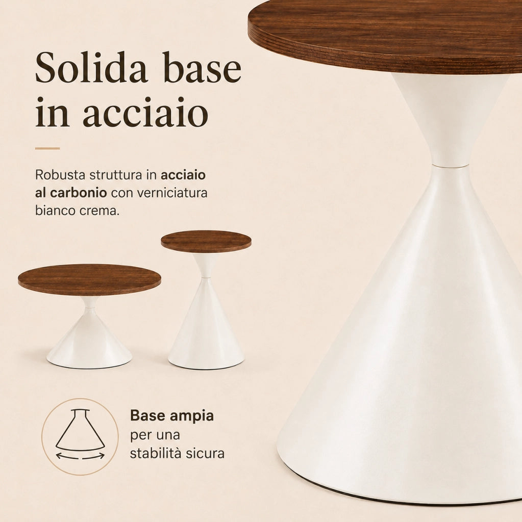 Set di 2 tavoli rotondi, Ø70xH40 cm e Ø50xH50 cm, piano noce caldo e struttura in acciaio color crema per soggiorno e zona notte