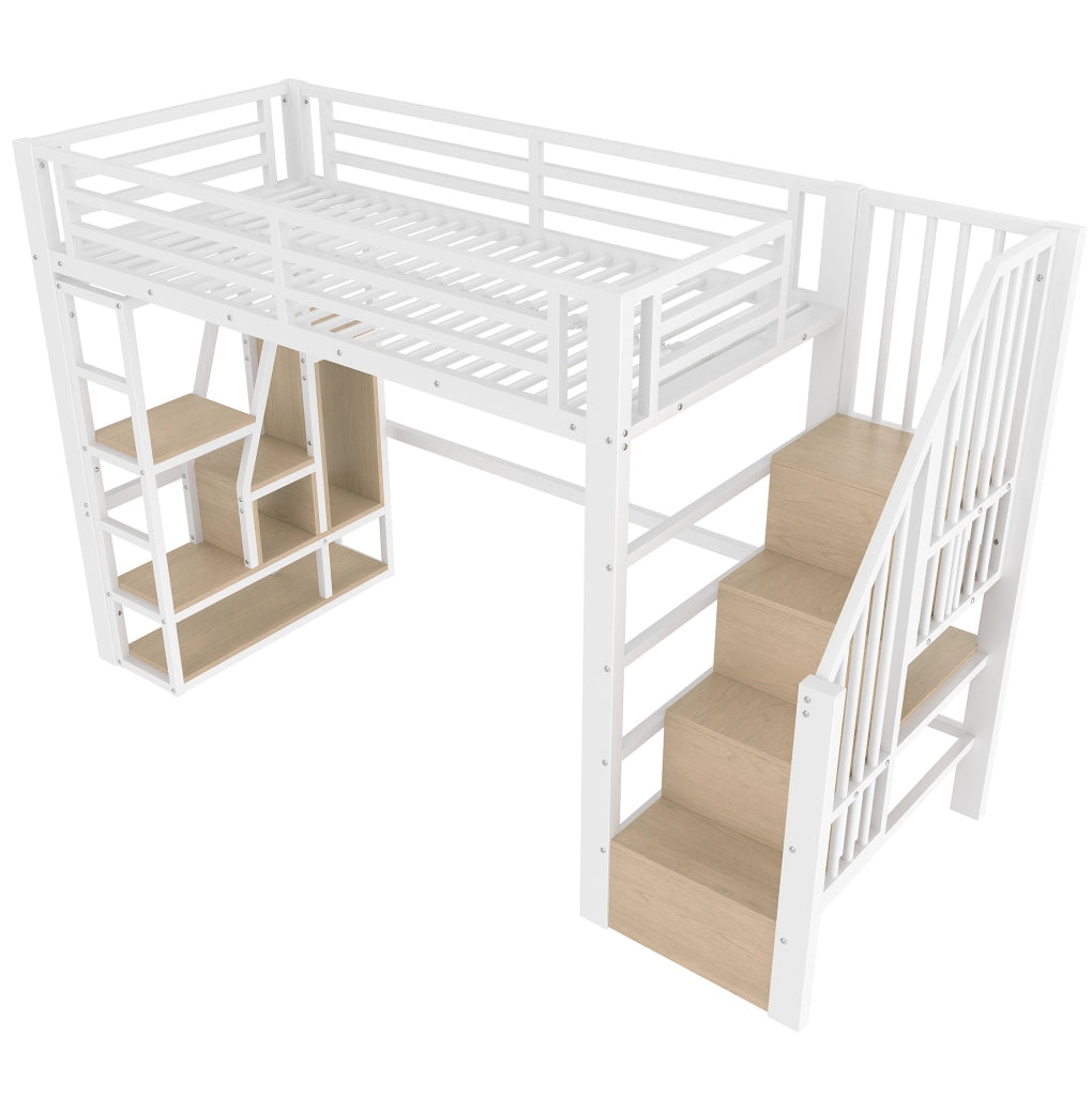Letto a soppalco 90x200 cm in metallo con scala, ripiani e illuminazione LED integrata, bianco
