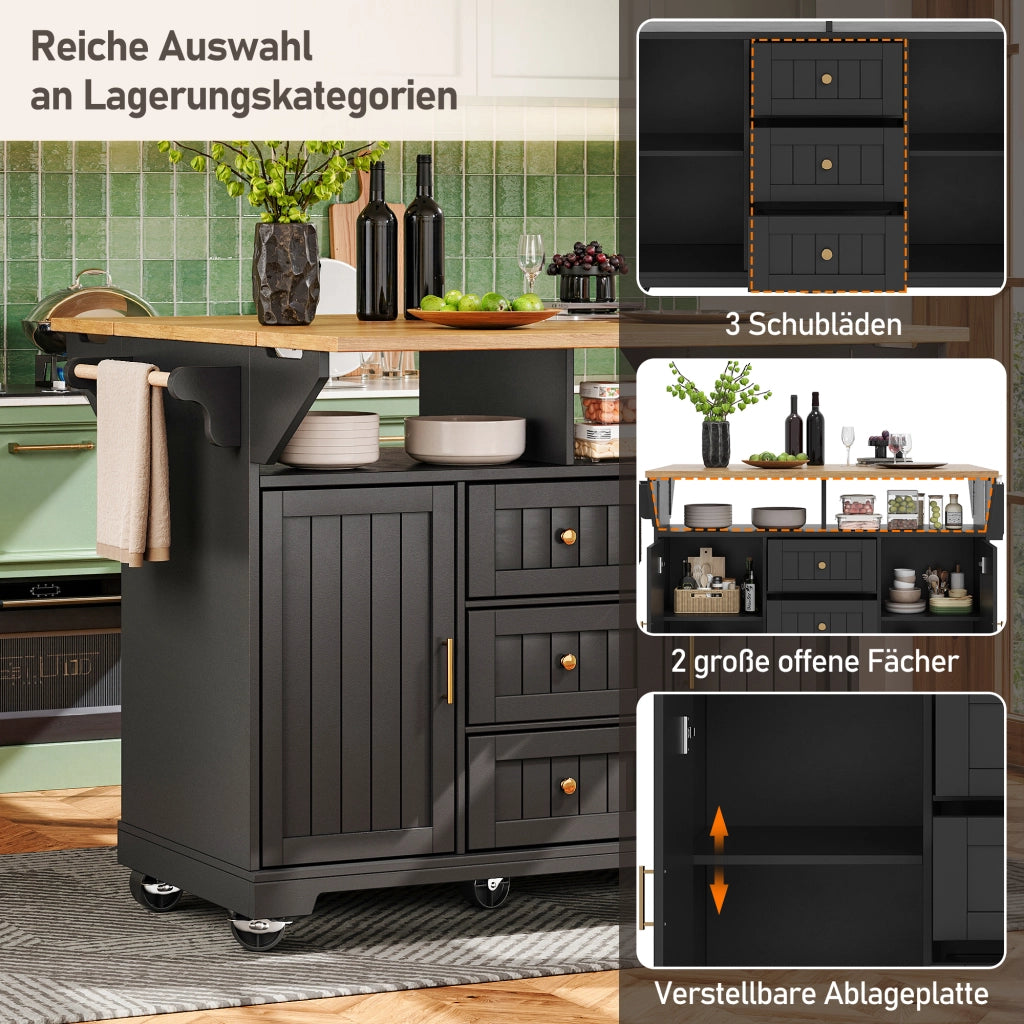 Mobile base da cucina con piano pieghevole su due lati; 3 cassetti; 2 ante; ruote e ripiani regolabili