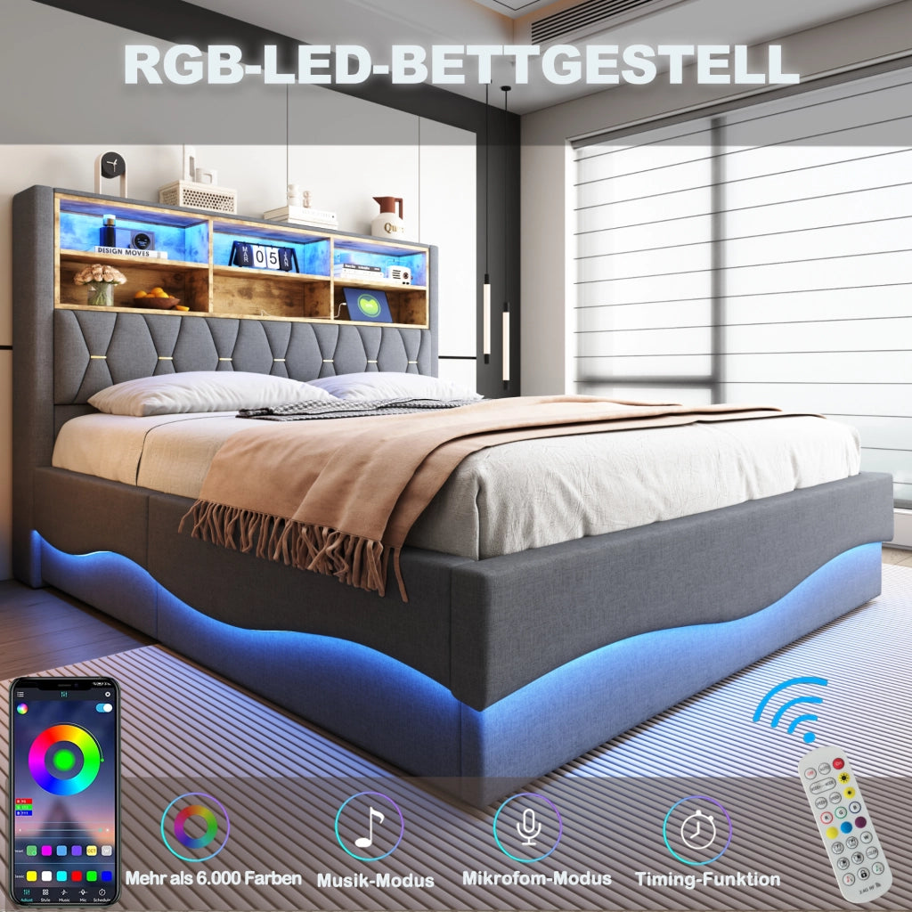 Letto contenitore 180 × 200 cm con sollevamento idraulico LED USB testiera imbottita in lino struttura in metallo grigio