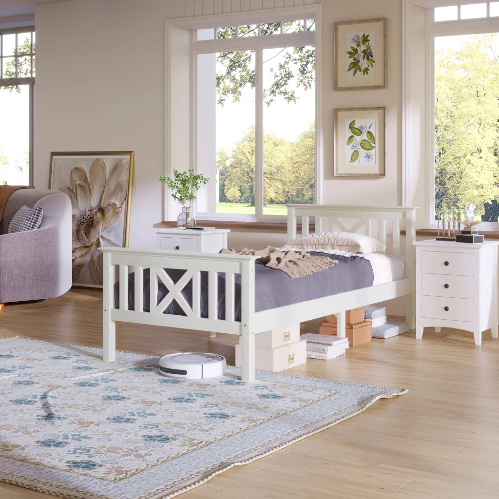 Letto Singolo in Pino Massello con Testiera e Doghe ¨C MINIMAL ¨C Bianco 90x200