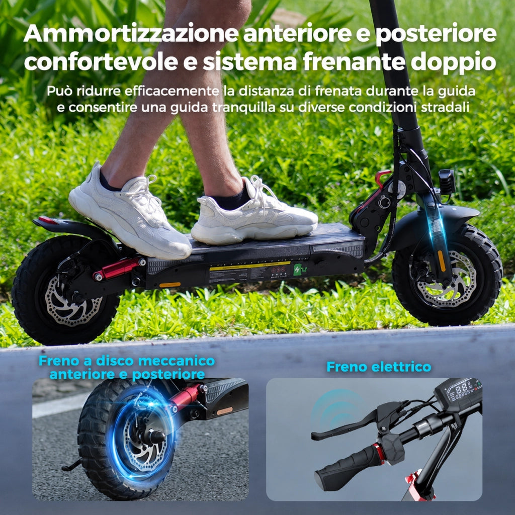 ix3 Monopattino Elettrico Pieghevole 800W; Batteria 48V 10Ah; Autonomia 30-40 km; Velocità 25 km/h; Pneumatici Off-Road da 10"; Doppia Sospensione; APP e Luci LED