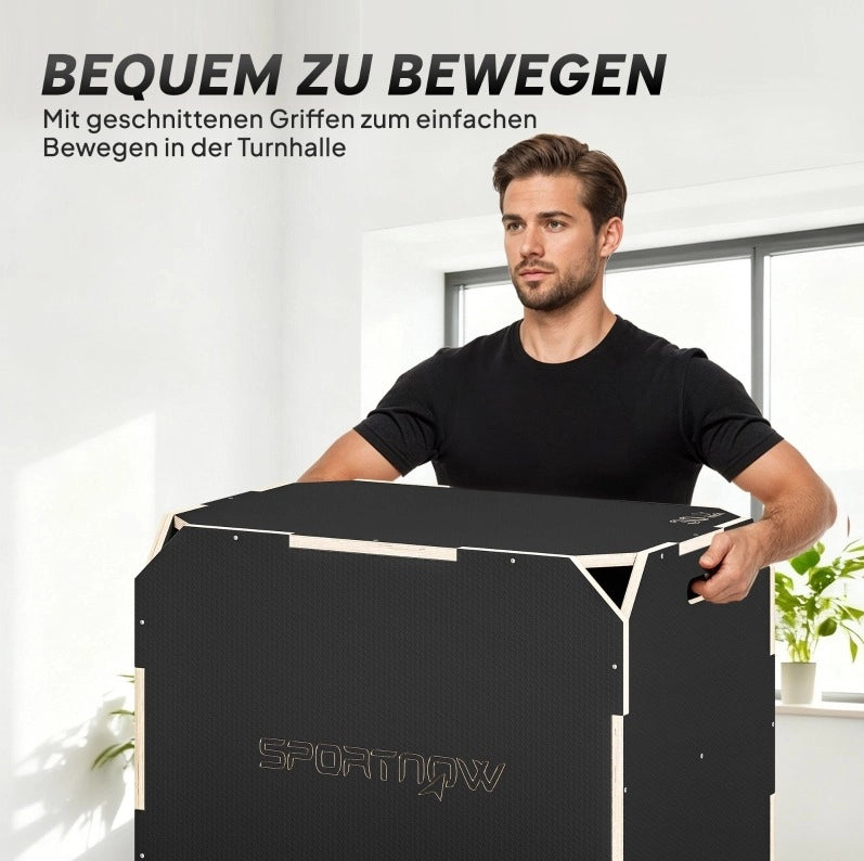 Plyo Box 3-in-1 in legno nero con 3 altezze e maniglie per allenamenti indoor e outdoor