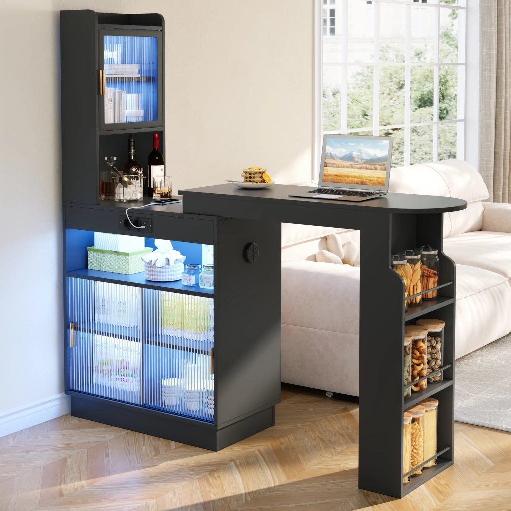 Bar allungabile con contenitore, credenza e armadio da cucina con ante in vetro, illuminazione LED con controllo app, presa, USB e USB-C, nero, 131–170 × 40 × 170 cm