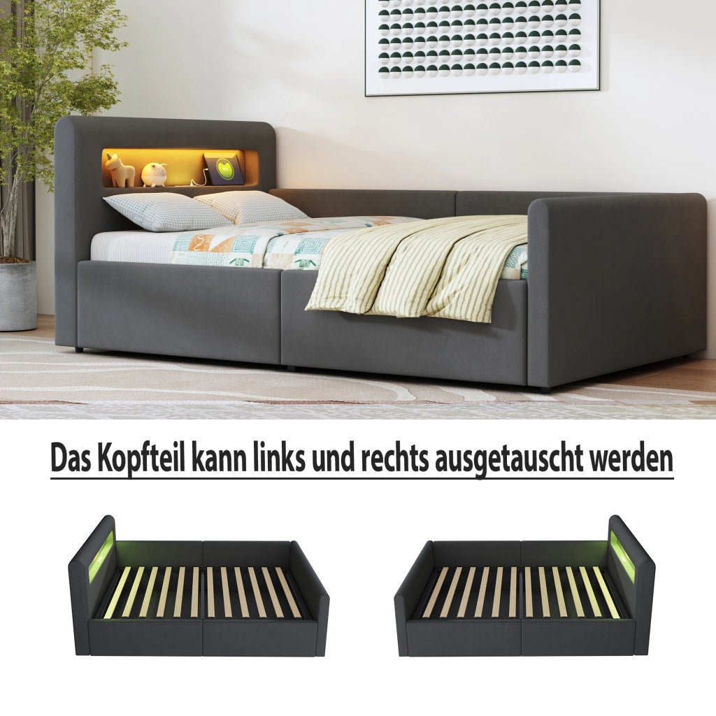Letto per bambini imbottito 90 × 200 cm con luci LED porta USB vano idraulico velluto grigio