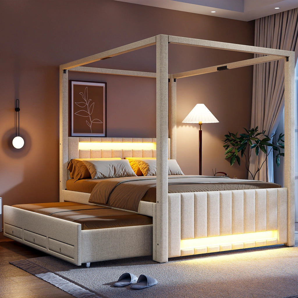 Letto a baldacchino imbottito 140x200 cm per adulti con letto estraibile; LED e 3 cassetti; lino beige