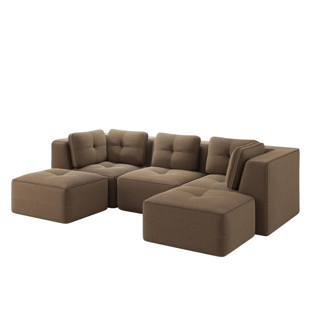 Divano modulare 297x177x69 cm in velluto a coste marrone con ottomana