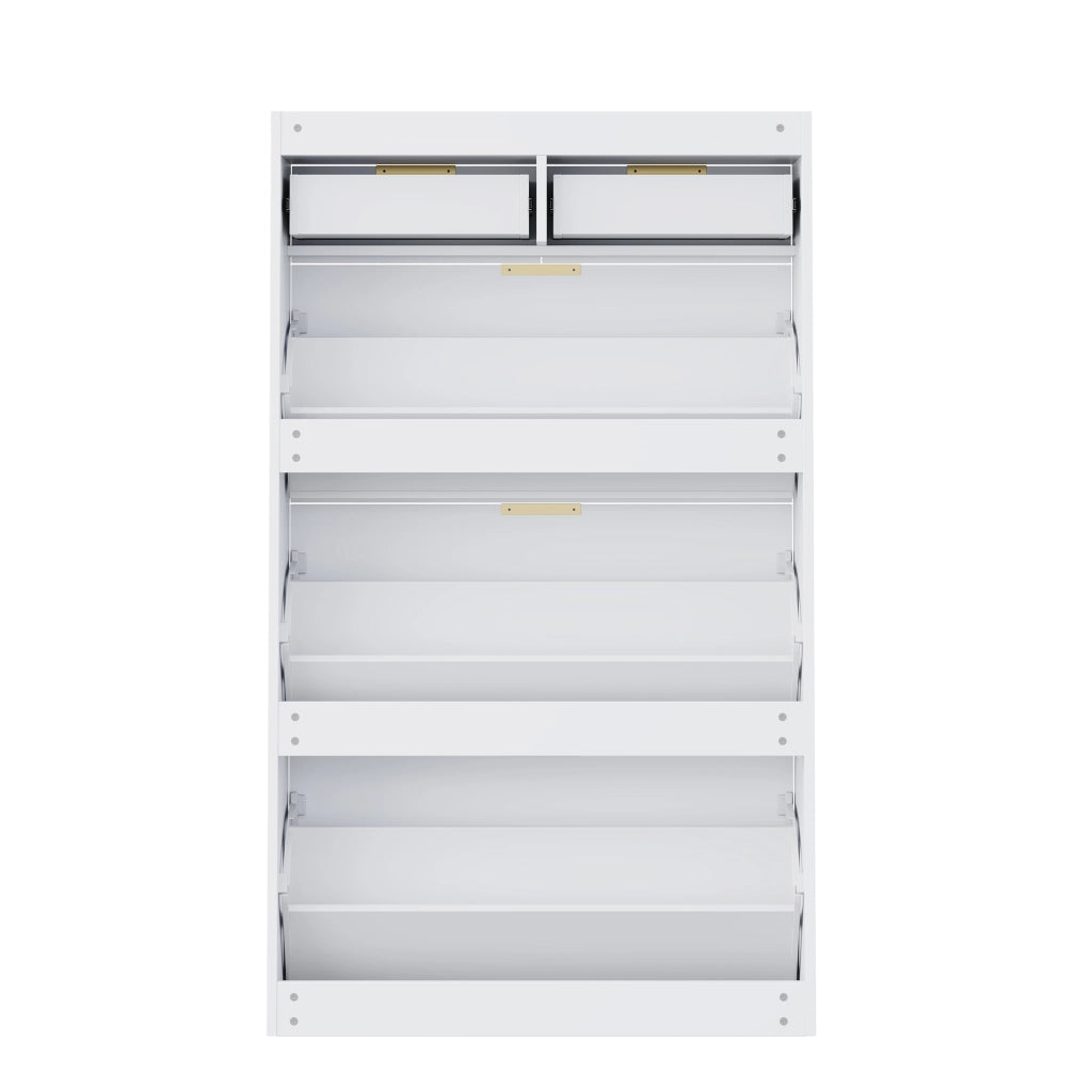 Scarpiera stretta con 3 vani a ribalta e 2 cassetti, per ingresso e corridoio, in truciolare bianco, 80 × 25 × 135 cm