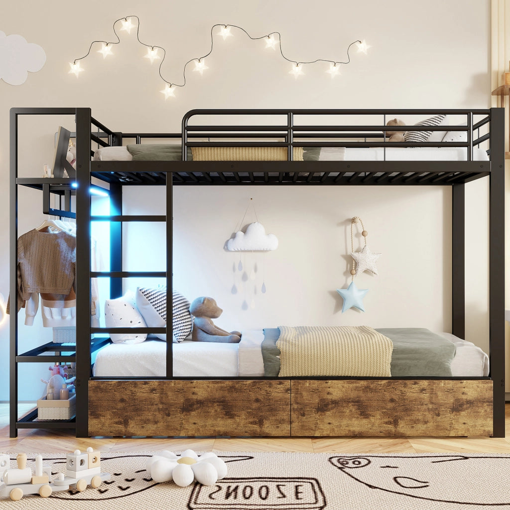Letto a castello 90x200 cm con LED; 2 cassetti e ripiani in metallo e MDF nero