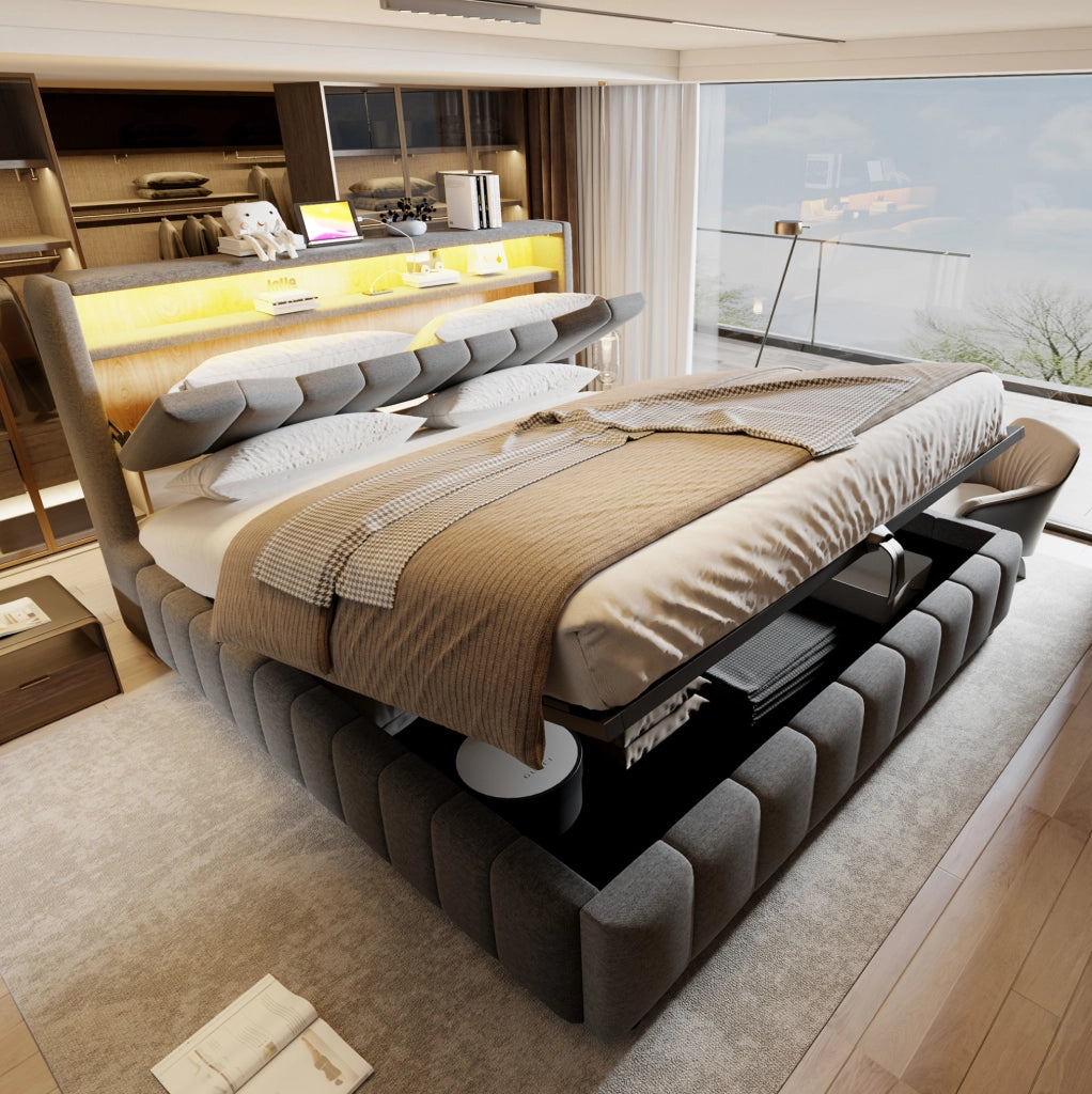Letto matrimoniale ULEVR 180x200 cm con contenitore idraulico, LED, USB e USB-C, tessuto grigio